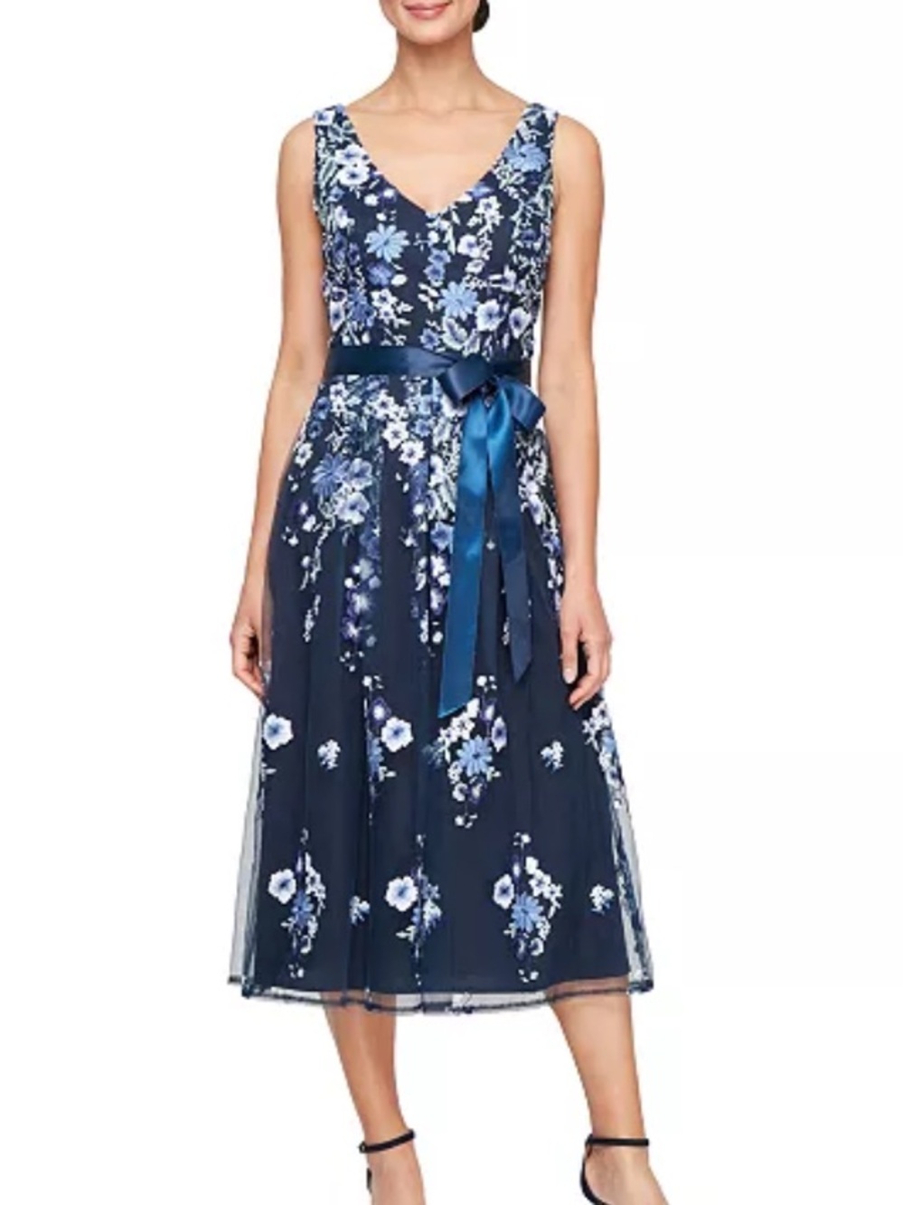 Alex Evenings Chiffon Dress 14 Navy Embroidered Floral Midi A-Line NWT $199